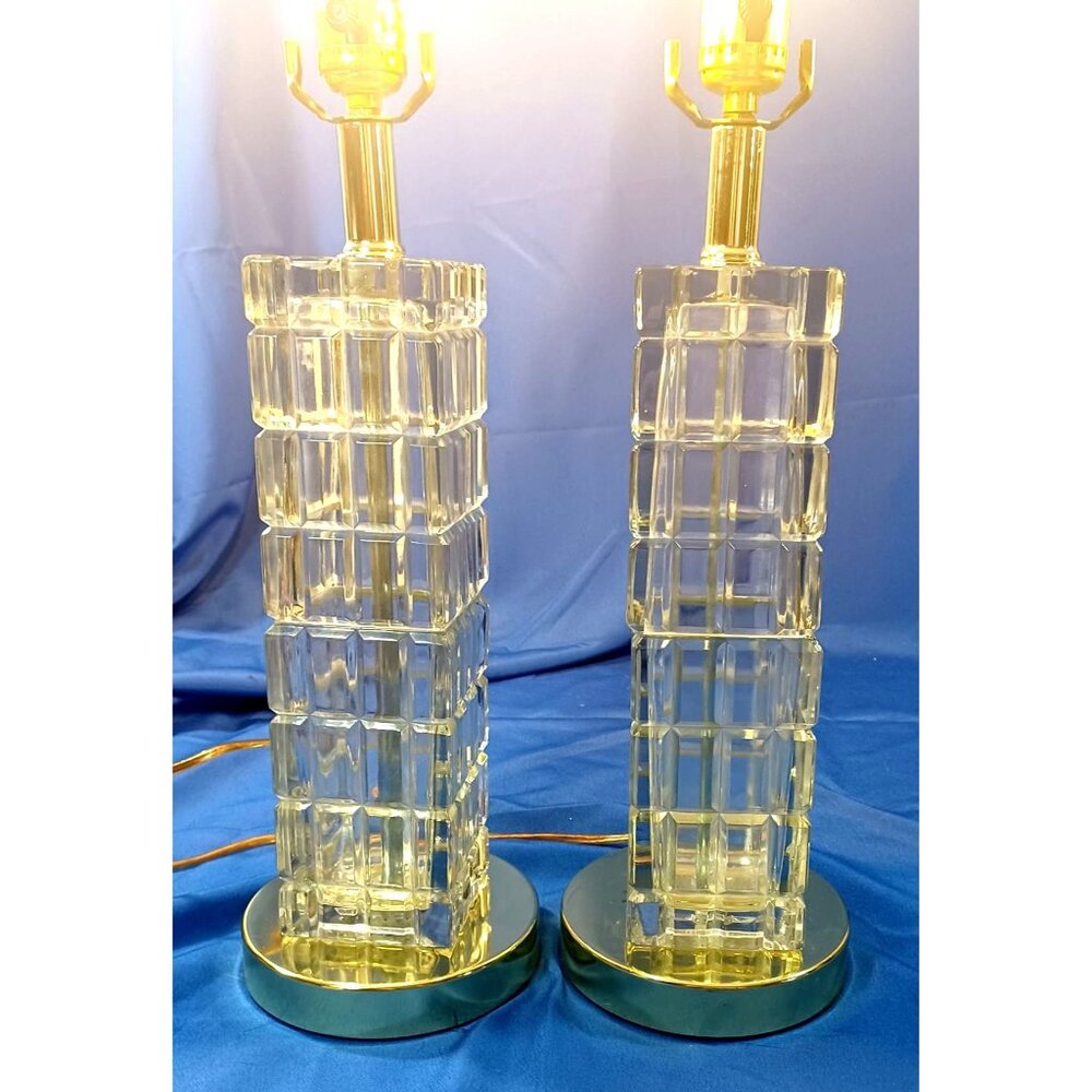 Mid Century Hollywood Regency Crystal & Brass Window Pane Cube Tower Lamps Set - Picture 4 of 13